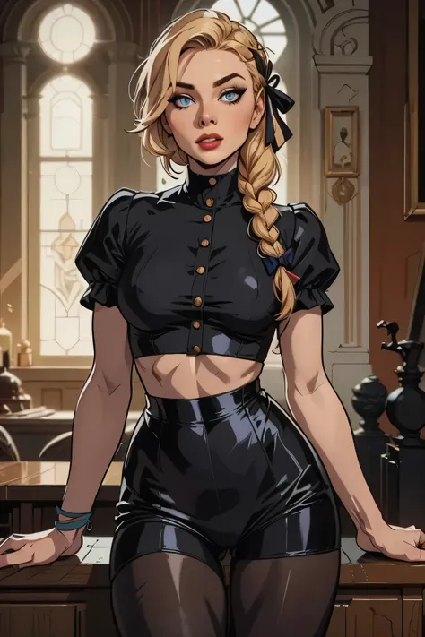 Firm Anatomy, (((Black Tights))), ((Single Braid)), (Detailed Eyes), (Tight Waist), (Hair Ribbon), Detailed Eyes, Beautiful face, Beautiful and Aesthetic, Brilliant Colors, Character Enhance