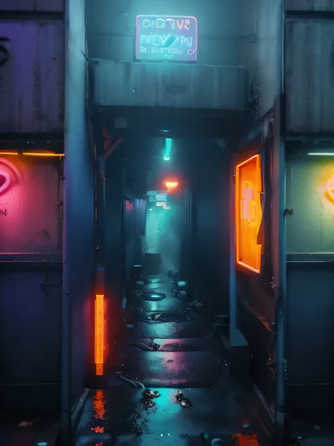 cyberpunk alleyway at night, moody lighting, ((neon signs in Vietnamese)) , ((blue and purple glow)) , reflections on wet pavement, slight fog, futuristic cables and panels, gritty and realistic, high detail, cinematic, ultra-realistic
