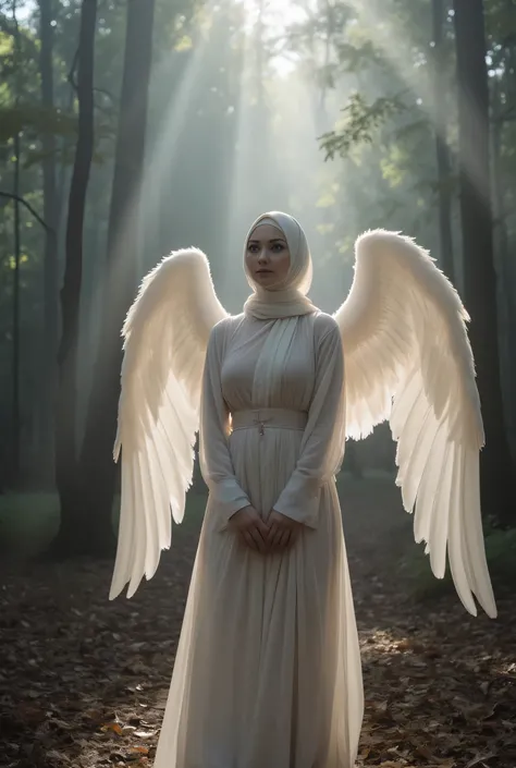 A graceful angel wearing a pashmina hijab stands quietly in the heart of a misty forest. Soft fog weaves through the tall, shadowy trees, and dim morning light filters through the canopy above. She is wearing red lingerie (big bearsts) and white transparan...