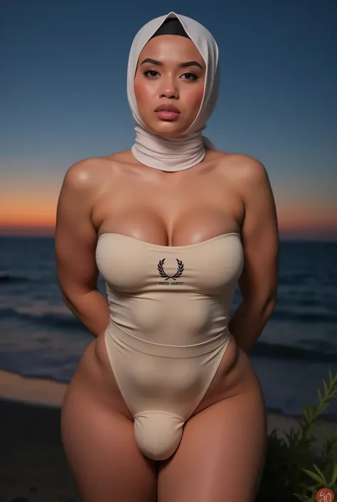 (Big Futunari), Disappointed facial expression, Front posing, Wearing Scarf neck tie, Front posing, SUPER SKINNY, (Thighs and calves huge muscles), (((MOODY FACE EXPRESSION))), "Wearing Hijab perfectly",  wearing Scoop Neck Sleeveless cream Bodysuits strap...