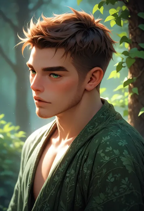 A delicate-featured anime boy with soft auburn hair and green eyes, wearing an open moss-colored robe that reveals part of his bare chest and shoulder. The forest around him is misty and tranquil, with dew on the leaves and shafts of early morning light st...