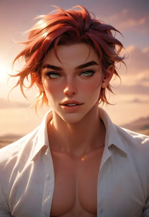 A sun-kissed anime boy with tousled dark-blonde hair and golden-brown eyes, his open shirt sticking slightly to his chest in the desert heat. He stands before shifting sand dunes, his lean form highlighted by the intense sunlight. A gust of dry wind lifts ...