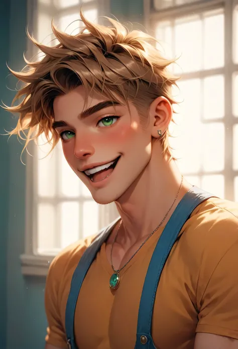 A cheerful anime boy with golden hair and bright green eyes, laughing softly as sunflowers tower behind him. He wears a loose, open yellow shirt and suspenders hanging off his shoulders, his chest partially visible. The bright daylight glows against his sk...