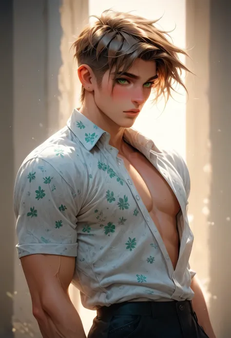A youthful boy with soft chestnut hair and luminous green eyes, wearing an abstract-patterned, short-sleeve shirt unbuttoned to the waist. His lean form is surrounded by tall wheat, softly glowing under the afternoon sun. A golden chain with a crystal char...