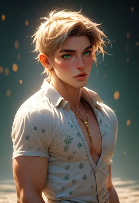 A youthful boy with soft chestnut hair and luminous green eyes, wearing an abstract-patterned, short-sleeve shirt unbuttoned to the waist. His lean form is surrounded by tall wheat, softly glowing under the afternoon sun. A golden chain with a crystal char...