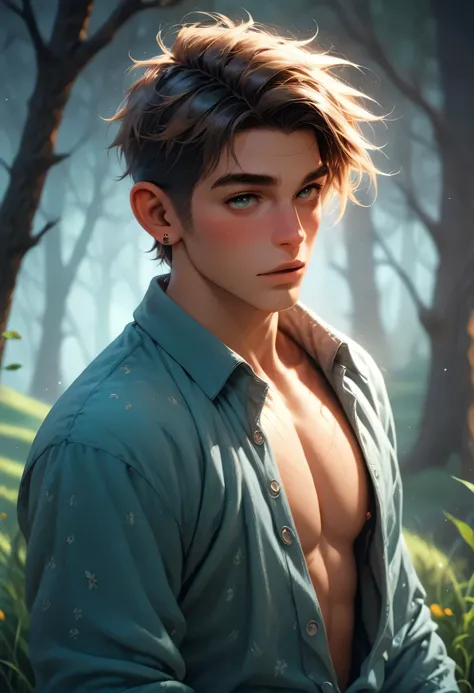 A very youthful, slim anime boy with messy chestnut hair and soft grayish eyes, wearing a loosely fitted, unbuttoned tunic-style top falling off one shoulder. The open front shows his slender chest. He's standing in a cool, foggy meadow with swaying grass,...