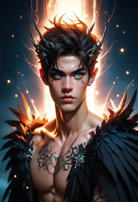 slim angelic anime boy, shirtless with elegant black wings, luminous silver-blue eyes, slightly messy brown hair, defined collarbone, soft glowing skin, delicate jawline, emotional expression, fantasy lighting, dark sky with glowing embers, black and gold ...