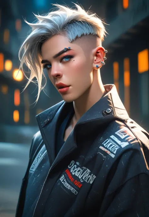 slim stylish anime boy, perfect jawline and symmetrical face, piercing ice-blue eyes, short silver hair with undercut, wearing an open jacket, layered streetwear, neon city lights reflecting on skin, cinematic soft focus, soft glow, fashion magazine cover ...
