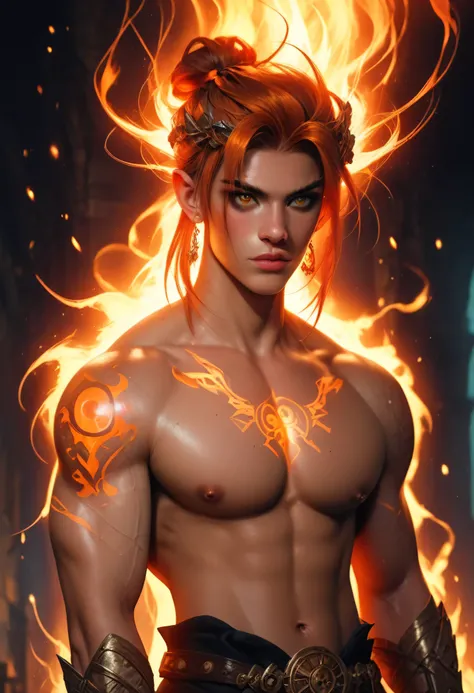 slim anime boy with intense golden eyes, short fiery orange hair, glowing tattoos on chest and arms, standing in firelit ruins, shirtless with glowing ember particles, fierce gaze, smooth sculpted slim torso, fantasy lighting, painterly style, dramatic sha...