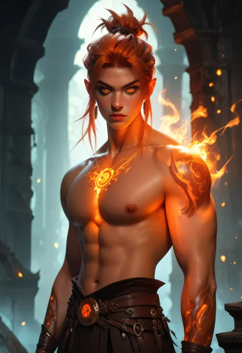 slim anime boy with intense golden eyes, short fiery orange hair, glowing tattoos on chest and arms, standing in firelit ruins, shirtless with glowing ember particles, fierce gaze, smooth sculpted slim torso, fantasy lighting, painterly style, dramatic sha...