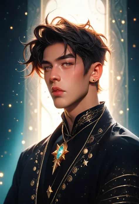 3/4 upper-body of an ethereal young male in a flowing navy robe with constellations embroidered in gold thread, translucent cape fluttering around him, glowing moonstone pendant, short tousled hair catching starlight, soft eyes looking skyward, background ...