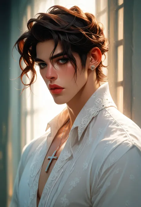 3/4 upper-body of an elegant young boy with pale skin and wavy dark brown hair falling over his eyes, wearing a laced high-collared Victorian shirt with velvet trim, silver crucifix necklace, soft candlelight casting shadows across his face and chest, stan...