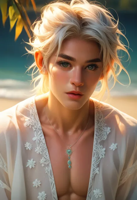 3/4 upper-body of a young male boy with tousled chestnut hair, soft hazel eyes, wearing an open sheer white boho shirt with delicate embroidery, layered silver pendant necklaces, sun-kissed skin with visible abs and collarbones, ocean breeze tousling his h...