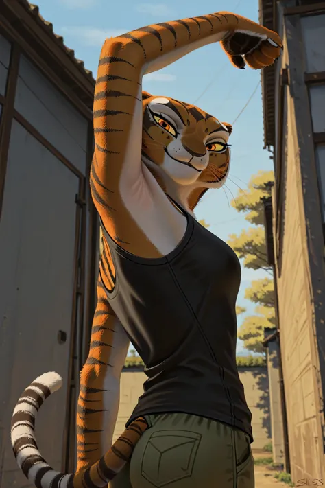 anime coloring, masterpiece, best quality, amazing quality, 1girl, solo, yellow sclera, orange eyes, m4stertigr3ss, tail, black tank top, spaghetti straps, arm up, raised arm, armpit, armpit focus, head towards viewer, looking at viewer, direct eye contact...