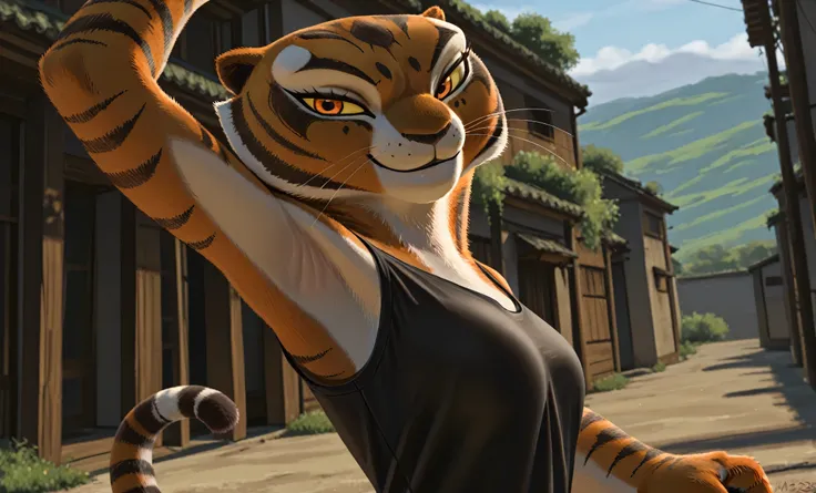 anime coloring, masterpiece, best quality, amazing quality, 1girl, solo, yellow sclera, orange eyes, m4stertigr3ss, tail, black tank top, spaghetti straps, arm up, raised arm, armpit, armpit focus, head towards viewer, looking at viewer, direct eye contact...