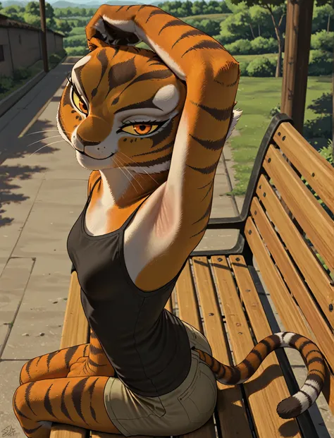 anime coloring, masterpiece, best quality, amazing quality, 1girl, solo, yellow sclera, orange eyes, m4stertigr3ss, tail, black tank top, spaghetti straps, arm on head, armpit, armpit focus, head towards viewer, looking at viewer, direct eye contact, smile...