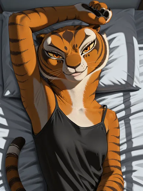 anime coloring, masterpiece, best quality, amazing quality, 1girl, solo, yellow sclera, orange eyes, m4stertigr3ss, tail, black tank top, spaghetti straps, arm up, raised arm, armpit, armpit focus, head towards viewer, looking at viewer, direct eye contact...