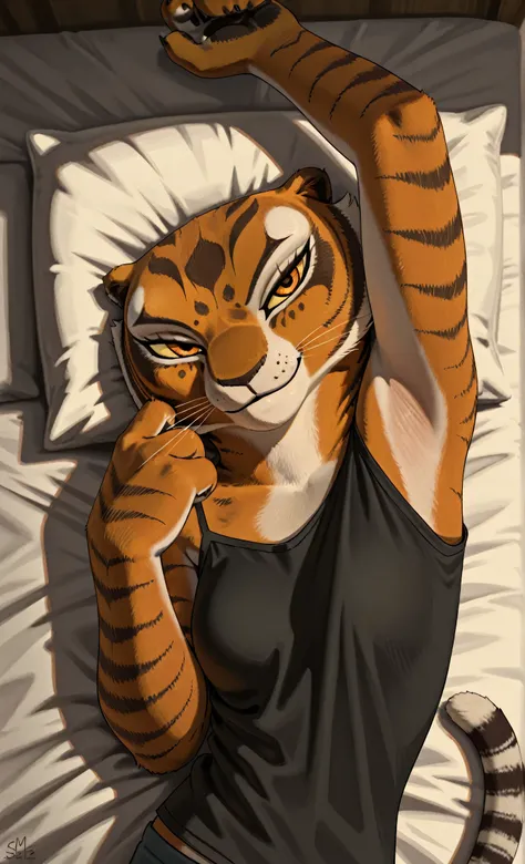 anime coloring, masterpiece, best quality, amazing quality, 1girl, solo, yellow sclera, orange eyes, m4stertigr3ss, tail, black tank top, spaghetti straps, arm up, raised arm, armpit, armpit focus, head towards viewer, looking at viewer, direct eye contact...