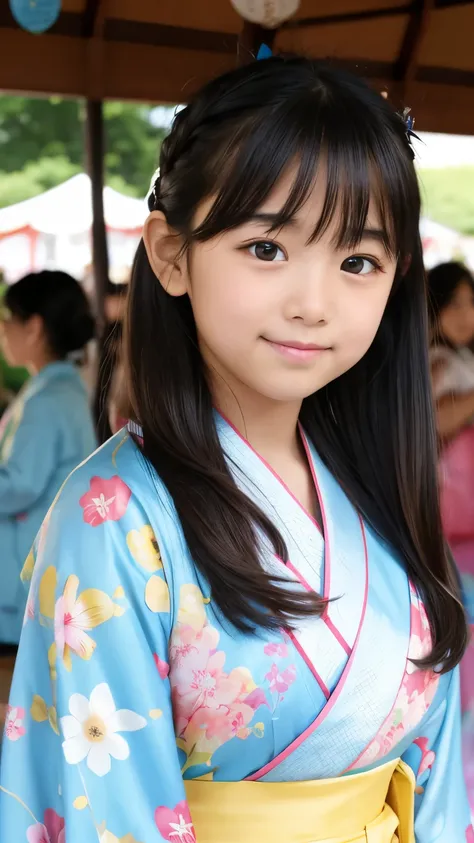 Summer Festival Scenery ,A beautiful elementary school student, One Girl, Cosmos pattern kimono、Bust Shots、Long hair,I&#39;I'm drinking tea and relaxing、Highest Quality、Smile Yan, I'm drinking steaming greentea,bust up, Bright sunlight,from the front