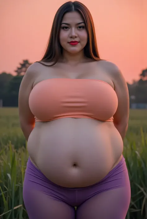 Bbw Fat Futanari, rambut LURUS menutupi telinga perfectly, Wearing peach plain Strapless, view from the front,  both hands lying behind back, background rice paddy. twilight is red atmosphere, FRONT IMAGE, red lips 👄 (Detailed translucent high waist neon p...
