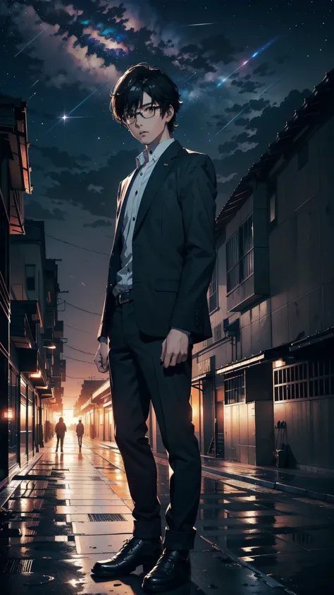 masterpiece, best quality, 1boy, solo, Amamiya Ren, glasses, ((tsume-eri gakuran boy japanese school uniform)), ((top quality, ultra-detailed, high resolution, extremely detailed CG, unity 8k wallpaper, Makoto Shinkai style, by famous artist, perfect anato...