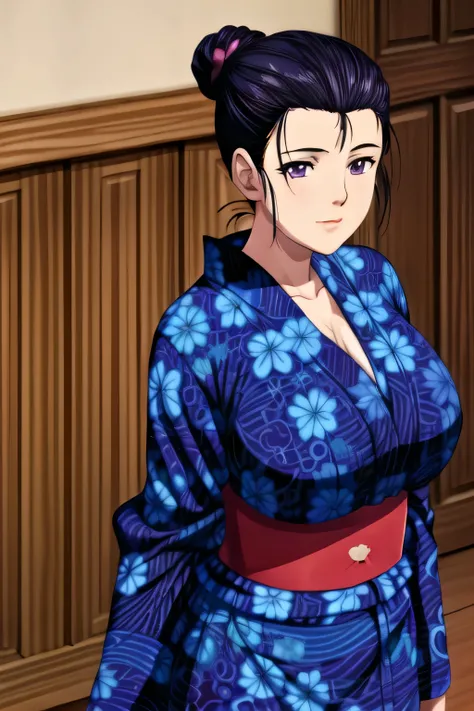 Simple Backgrounds,nightblue dress,
blue kimono,floral print,japanese clothes,wide sleeves,long sleeves,big breast,big ,curve body
cleavage,
purple eyes, black hair,bangs,hair bun,
1 girl, 20yo,Young female,Beautiful long legs,Beautiful body,
Beautiful No...