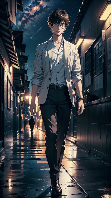 masterpiece, best quality, 1boy, solo, Amamiya Ren, glasses, ((tsume-eri gakuran boy japanese school uniform)), ((top quality, ultra-detailed, high resolution, extremely detailed CG, unity 8k wallpaper, Makoto Shinkai style, by famous artist, perfect anato...