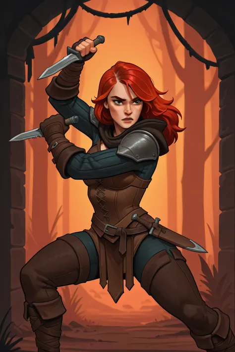 girl rogue, alone in the foreground, in a fighting pose with dagger, She has red hair, freckles, dark fantasy, explores dark medieval dungeon