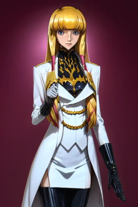 perfect anatomy　Highest Quality,highest resolution,(((shiny latex white military uniform　Blonde　long hair　straight　Dark blue eyes　shiny skin　flat chest)))　code geass　Monica Kruszewski