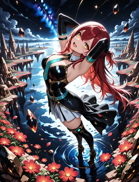  (((full body, from above, from side))), ((((girl sleeping on a floating broken room, hands behind head, head tilt, flower field on the floating asteroid surface, smile, open mouth, looking up, facing up, closed eyes))), ((1 girl , golden eyes , very long ...