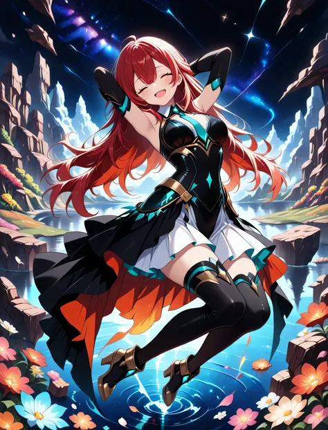 (((full body, from above, from side))), ((((girl sleeping on a floating broken room, hands behind head, head tilt, flower field on the floating asteroid surface, smile, open mouth, looking up, facing up, closed eyes))), ((1 girl , golden eyes , very long ...