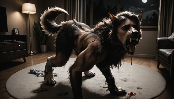 Werewolf transformation, dynamic pose, angle, pov, lying on carpet, standing, scratches, werewolf, fluffy wolf breast, [feet: paw:0.7], pads:1.3, paws:0.7, fangs:0.8, female, fur, snout, wolf snout, dog snout, whiskers, dog, nicked, bare,detailed fur, grad...