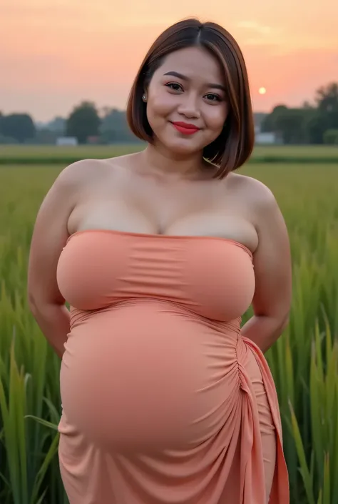 Beauty Of Bbw Fat, Straight short hair covers the ears perfectly, Wearing peach plain Strapless, view from the front,  both hands lying behind back, background rice paddy. twilight is red atmosphere, FRONT IMAGE, red lips 👄 (wearing side split plain batik ...