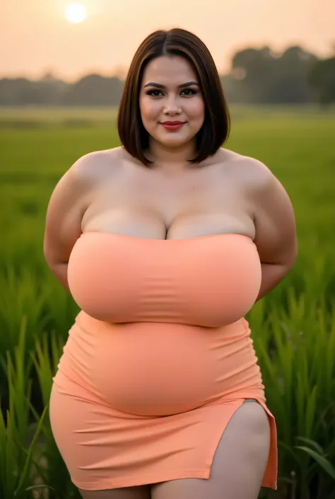 Beauty Of Bbw Fat, Straight short hair covers the ears perfectly, Wearing peach plain Strapless, view from the front,  both hands lying behind back, background rice paddy. twilight is red atmosphere, FRONT IMAGE, red lips 👄 (wearing side split batik fabric...