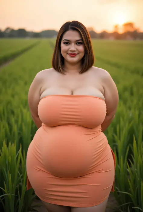 Beauty Of Bbw Fat, Straight short hair covers the ears perfectly, Wearing peach plain Strapless, view from the front,  both hands lying behind back, background rice paddy. twilight is red atmosphere, FRONT IMAGE, red lips 👄 (wearing side split batik fabric...