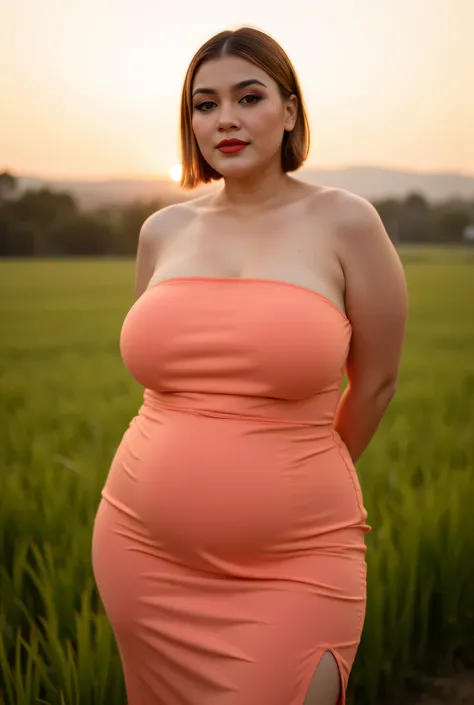 Beauty Of Bbw Fat, Straight short hair covers the ears perfectly, Wearing peach plain Strapless, view from the front,  both hands lying behind back, background rice paddy. twilight is red atmosphere, FRONT IMAGE, red lips 👄 (wearing side split batik fabric...