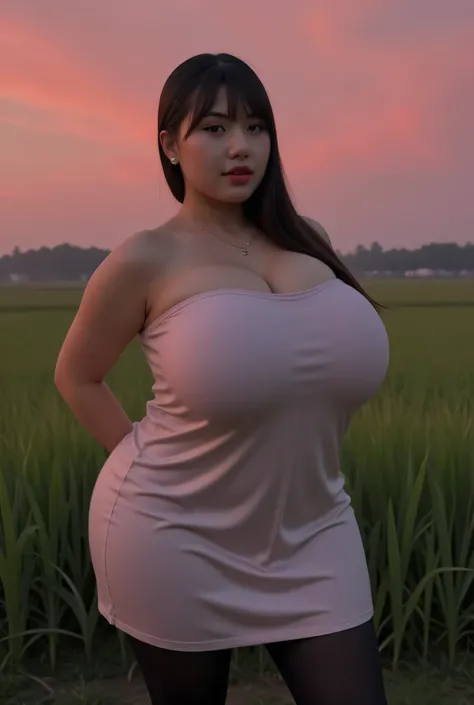Bbw Fat Futanari, rambut LURUS menutupi telinga perfectly, Wearing satin plain Strapless, view from the front,  both hands lying behind back, background rice paddy. twilight is red atmosphere, FRONT IMAGE, red lips 👄 (Detailed translucent high waist black ...