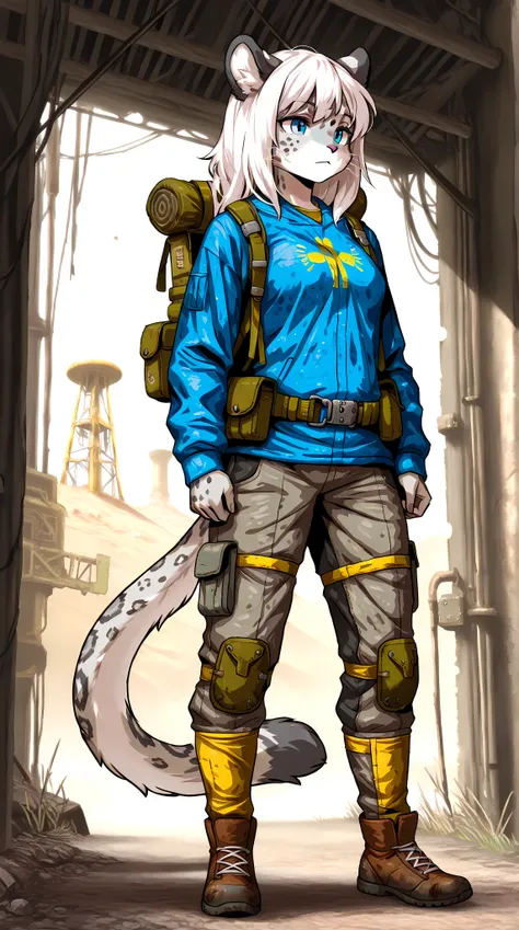 1 girl, 21 years old, mammal snow leopard, furry, full body shot front, no whiskers, human facial features, white hair with blue streaks, normal proportions, aesthetic, Fallout style clothing, some survival accessories, a thigh pocket, a Fallout-style back...