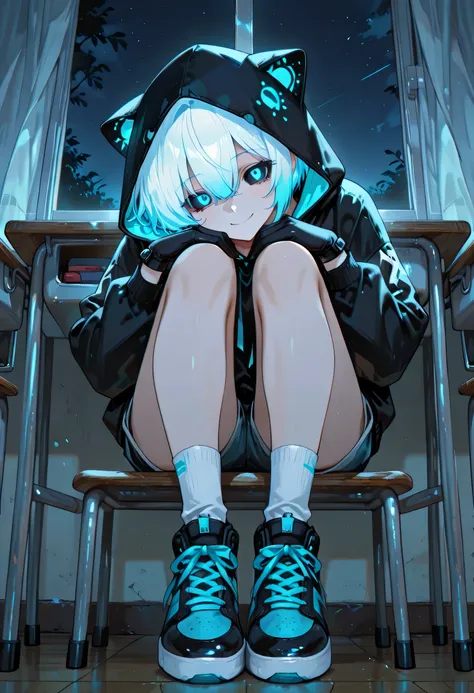 sky blue hair,Fluorescent hair,short hair,boy, Black卫衣,Wearing a hood,Blue Pupils(Luminescence),classroom,shorts,sneakers, white socks,standing,Smile, up close,night,wearing hood hood up, with gloves ( Black),evil, Black巩膜,black sclera,Sitting, heads down