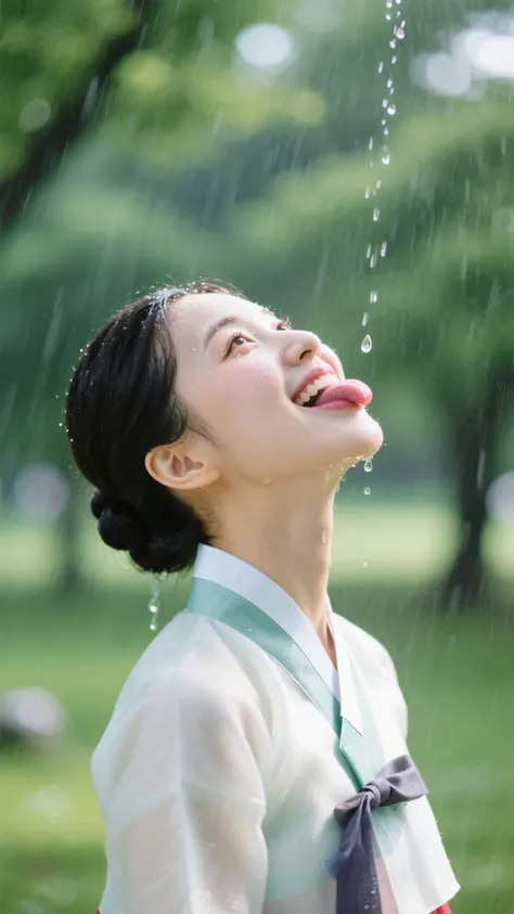 Masterpiece, Top Quality, beautiful Korean woman, clear skin, secure neat updo hair, wearing a light quick-drying fabric Modern Hanbok, caught in a light summer sunshower, head tilted up, tongue playfully out to catch a raindrop, looking at the viewer with...