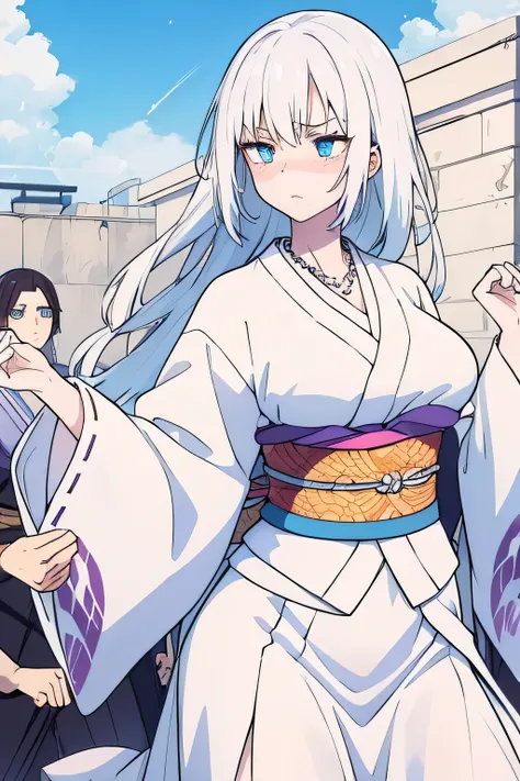 [high quality] albino white hair white skin, sky blue eyes, Pupils that shine like diamonds, White princess kimono,   diamond pupils  , white necklace, Age: 28 , big breasts, expression: I would be angry, fighting dance position