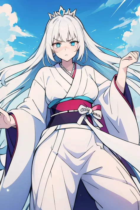 [high quality] albino white hair white skin, sky blue eyes, Pupils that shine like diamonds, White princess kimono,   diamond pupils  , white necklace, Age: 28 , big breasts, expression: I would be angry, fighting dance position