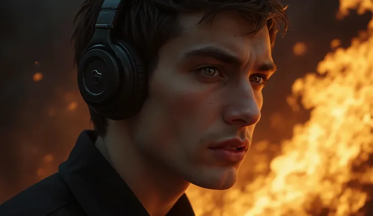 Close-up of a handsome, MYSTERIOUS AND SINISTER short-haired man stands in front of a fire with black headphones, burning, worried and sinister face