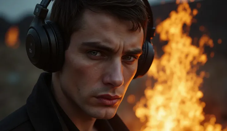 Close-up of a handsome, MYSTERIOUS AND SINISTER short-haired man stands in front of a fire with black headphones, burning, worried and sinister face