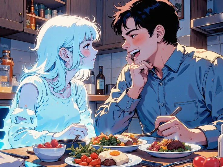 (1woman,1man:1.4),
There are two people, a husband and a wife, they are sitting face to face, Meals for 2 are placed on the kitchen desk, (My wife's entire body is pale and translucent, and the background can be seen through, The outline of the wife is whi...