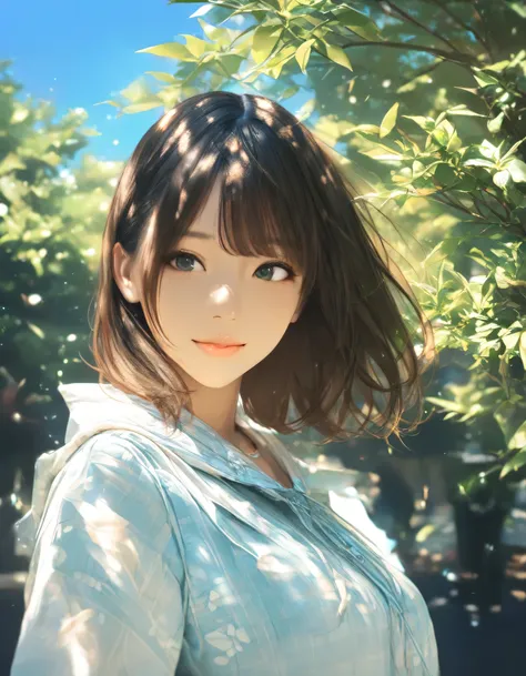 1girl, year 2019, upper body, early summer, green park, dappled sunlight, blue sky, casual clothes, masterpiece, high score, great score, absurdres, 16k, Ultra detailed, (photorealistic : 0.5)