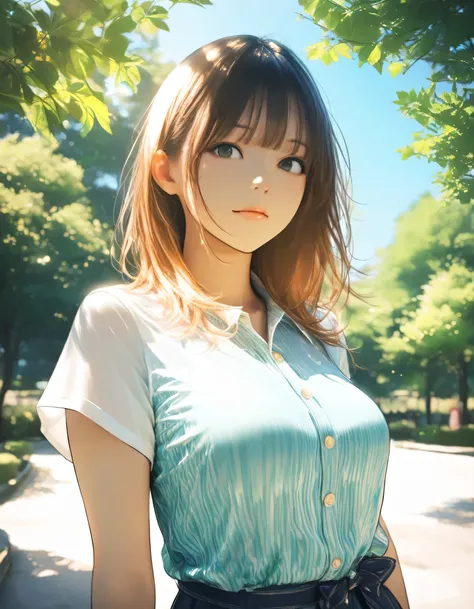 1girl, year 2019, upper body, early summer, green park, dappled sunlight, blue sky, casual clothes, masterpiece, high score, great score, absurdres, 16k, Ultra detailed, (photorealistic : 0.5)