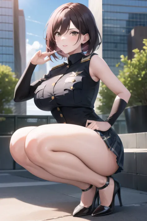 （long black hair），long black hairのポニーテールをした女性を描いてください，sleeveless plain clothes，pleated miniskirt，a cop wearing a miniskirt，face is absolutely necessary，accurate depiction of hands and feet，cinematic lighting and ray tracing ， cinematic lighting and ray tra...