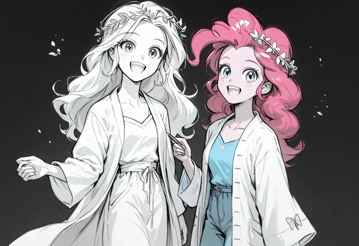 KateR, Pencil sketch, lineart, monochrome, Equestria Girls Pinkie Pie, wearing a simple long white robe, laurel_wreath on her head, dark background, skipping, happy, in Hell