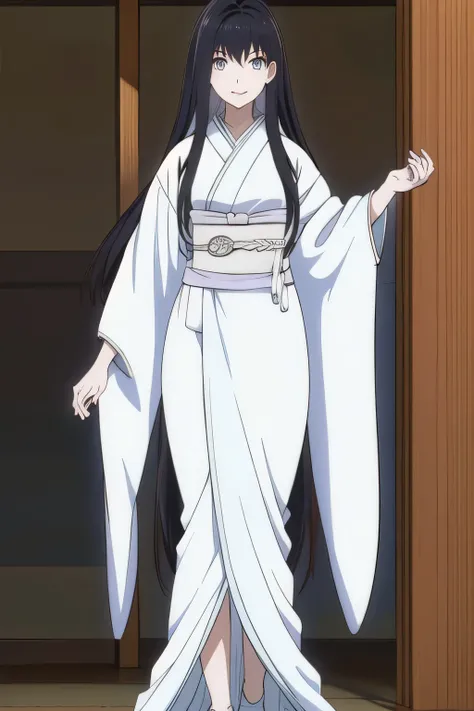 Can you draw a figure of an angel wearing a feather robe,Woman with Long Black Hair,face is absolutely necessary,Kimono Arranged Outfit,A woman with a lovely smile,Soaring through the air, needs a full body ,Accurate representation of hands and legs,god々Sh...